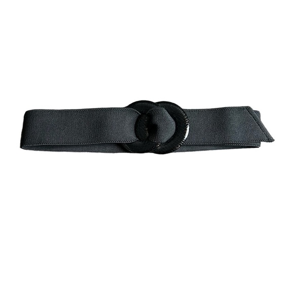 Wide Band Faux Snakeskin Buckle Black Stretch Belt - Picture 4 of 10